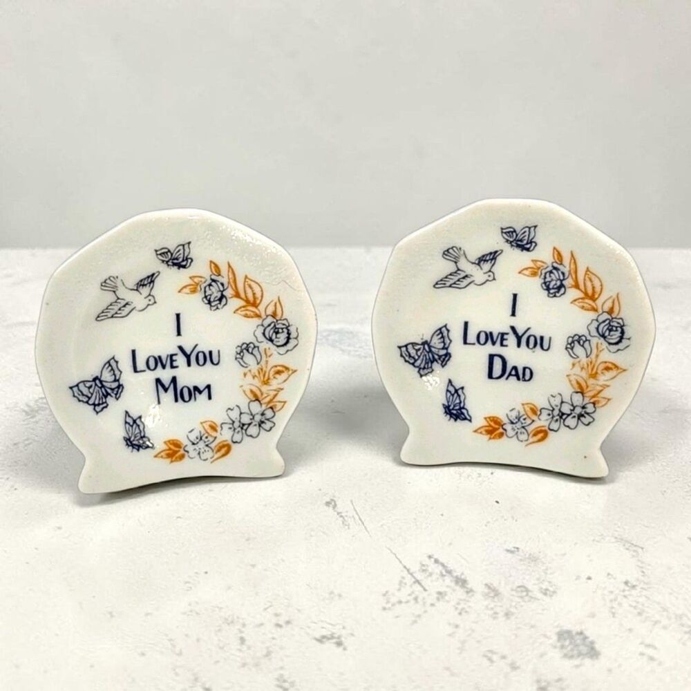 Vintage Fairway Japan I Love You Mom Dad Bud Vase Pair Ceramic Dove Floral Gift